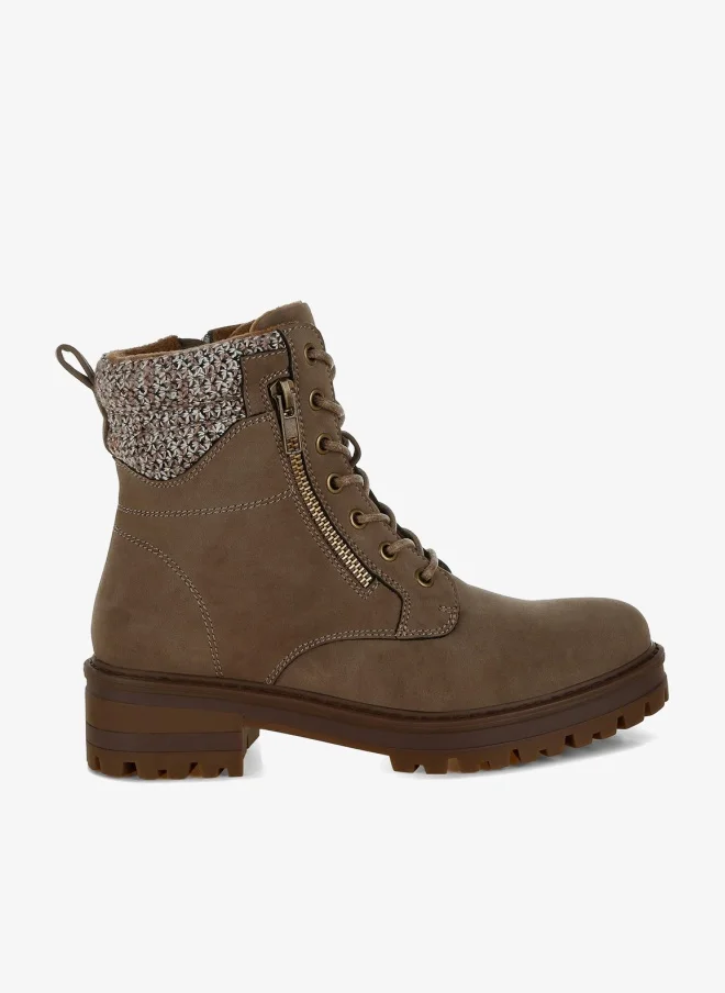 London Rag Women's Knitted Collar Zip-Up Hiker Boots in Taupe