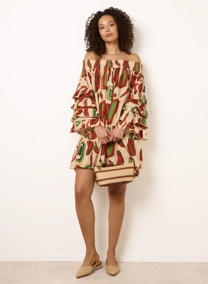 بلو فانيلا Printed Frill Sleeve Bardot Off Shoulder Tunic Dress