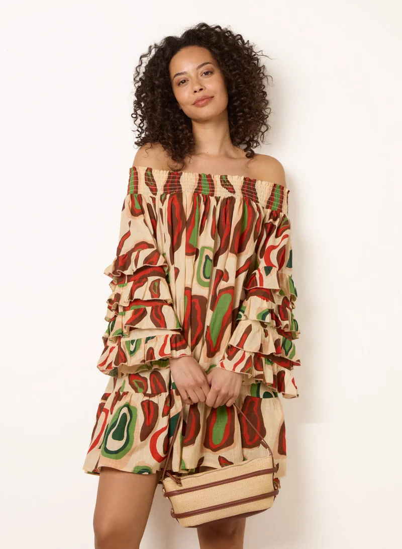 بلو فانيلا Printed Frill Sleeve Bardot Off Shoulder Tunic Dress