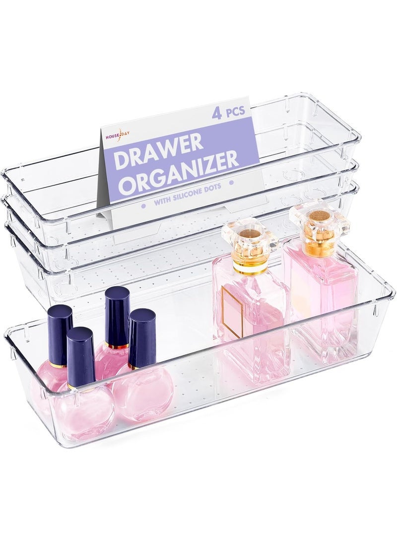 4Pack Desk Drawer Organizers, Clear Drawer Organizers, Toiletry and Storage Organizers, Non-Slip Plastic Drawer Organizer for Makeup, Bathroom, Kitchen and Office - Image 1