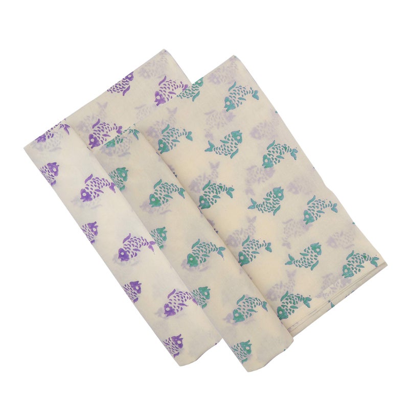 KolorFish Infant New Born Baby Swaddle Wrap Blanket (38 X 38 inches), 100% Soft Cotton, Block Printed (Made in India) Set of 2 pcs - Cotton Gift Bag Included (Fish Print) - Image 2