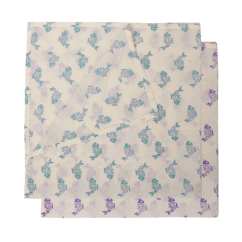 KolorFish Infant New Born Baby Swaddle Wrap Blanket (38 X 38 inches), 100% Soft Cotton, Block Printed (Made in India) Set of 2 pcs - Cotton Gift Bag Included (Fish Print) - Image 1