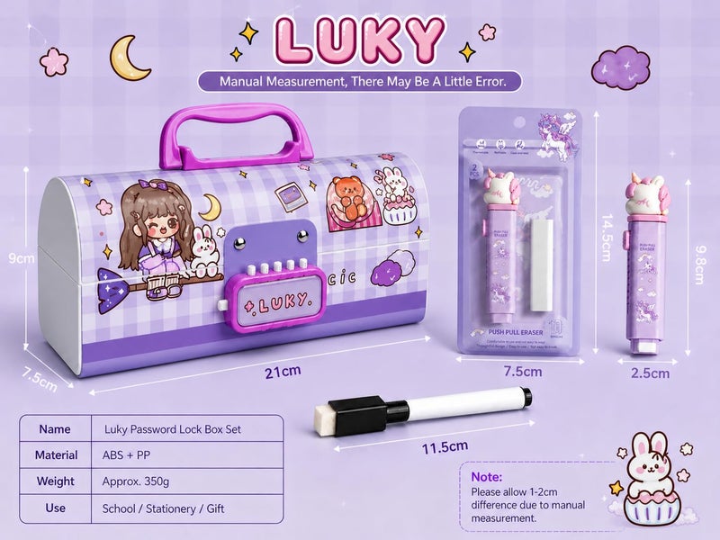 Invite Enterprise Invite New Cartoon Theme Pencil Box with Push Pull Eraser Set for Kids | Suitcase Style Password Lock Stationery Organizer | School Supplies Gift Combo for Boys & Girls (Lucky Purple + Eraser) - Image 3