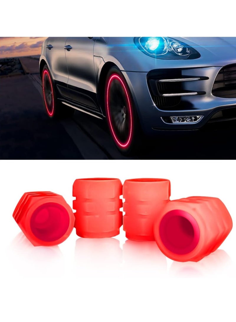 عام 4 قطع من أغطية جذع صمام الإطارات الفلورسنت، أغطية صمامات هواء عجلة السيارة المتوهجة في الظلام للسيارة العالمية والدراجة والإكسسوارات الخارجية للسيارة المضيئة، لون رائع (أحمر) - Image 1