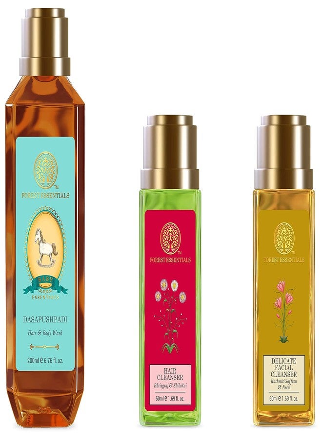 Forest Essentials Baby Hair & Body Wash Dasapushpadi 200ml&Forest Essentials Travel Size Delicate Facial Cleanser 50ml&Forest Essentials Travel Size Hair Cleanser 50ml