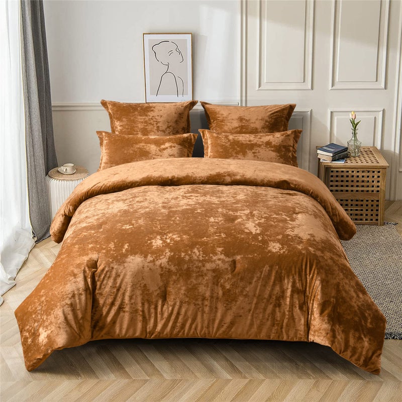 Fredsure Distressed Velvet Comforter Set 5 Pieces Gold Caramel Queen Distressed Velvet Face and Brushed Microfiber Reverse