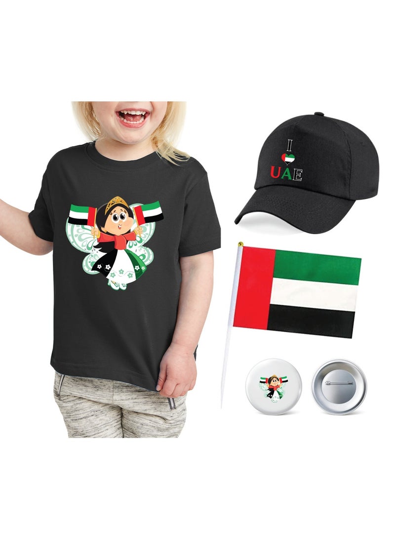 Kids UAE T-shirt for Girls - Cap - Flag and Badge Combo Pack of 4