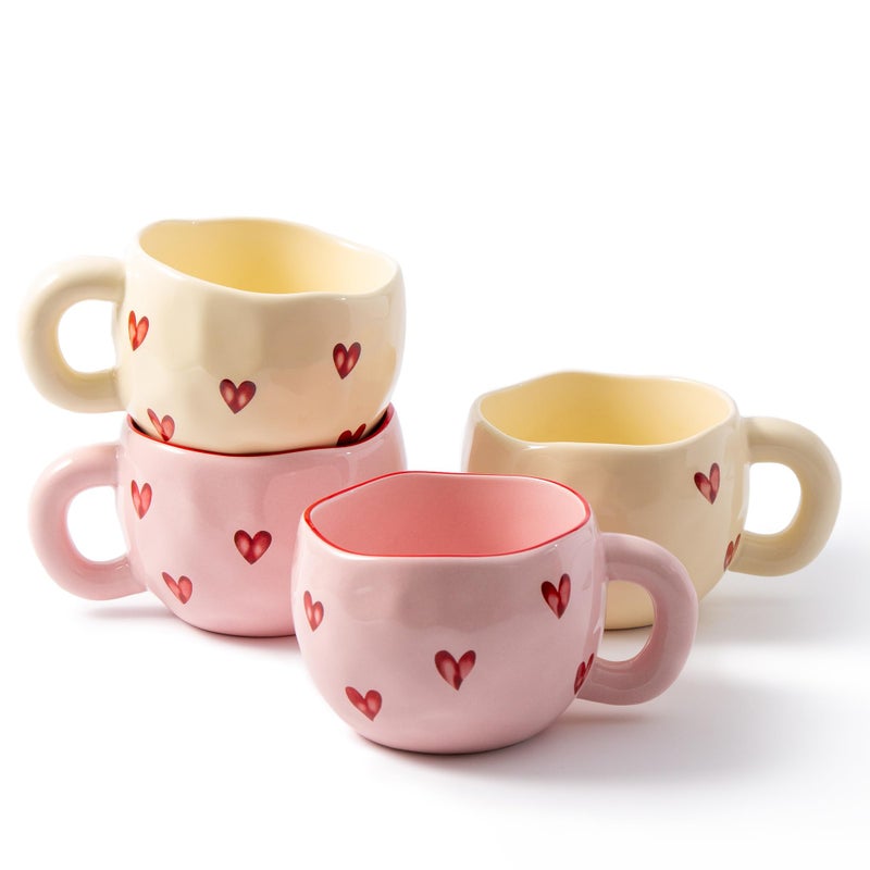 YumiPLUS 4pcs Ceramic Heart Mugs, 9.4OZ Cute Love Coffee Cup Set, Pink & Yellow, Dishwasher Safe, Valentine/Christmas Gift for Women - Image 1