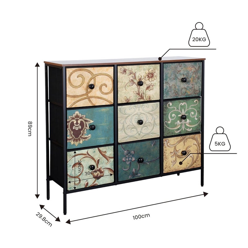 HOME ELEMENTS Fabric Chest of Floral Printed 9 Drawers for Bedroom Clothing Storage Organizer Unit Dresser Chest of Drawers Storage Organizer for Living Room Closet Hallway 100x298x89cm - Image 2