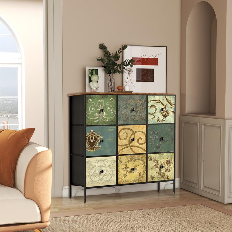 HOME ELEMENTS Fabric Chest of Floral Printed 9 Drawers for Bedroom Clothing Storage Organizer Unit Dresser Chest of Drawers Storage Organizer for Living Room Closet Hallway 100x298x89cm - Image 1