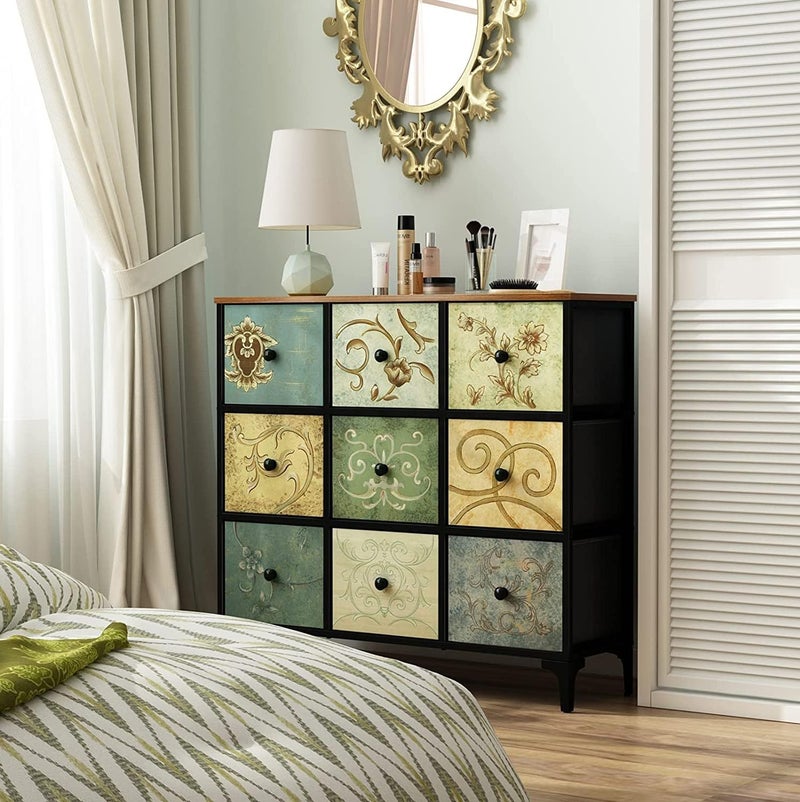 HOME ELEMENTS Fabric Chest of Floral Printed 9 Drawers for Bedroom Clothing Storage Organizer Unit Dresser Chest of Drawers Storage Organizer for Living Room Closet Hallway 100x298x89cm - Image 3