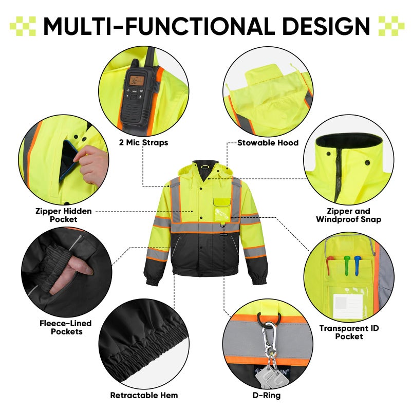 TICONN Waterproof Safety Bomber Jacket, Winter Rain Jacket Hi Vis Reflective, ANSI Class 3 Work Rain Coat (Yellow&Black, S) - Image 3