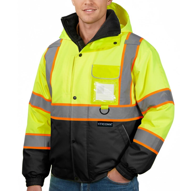 TICONN Waterproof Safety Bomber Jacket, Winter Rain Jacket Hi Vis Reflective, ANSI Class 3 Work Rain Coat (Yellow&Black, S) - Image 1