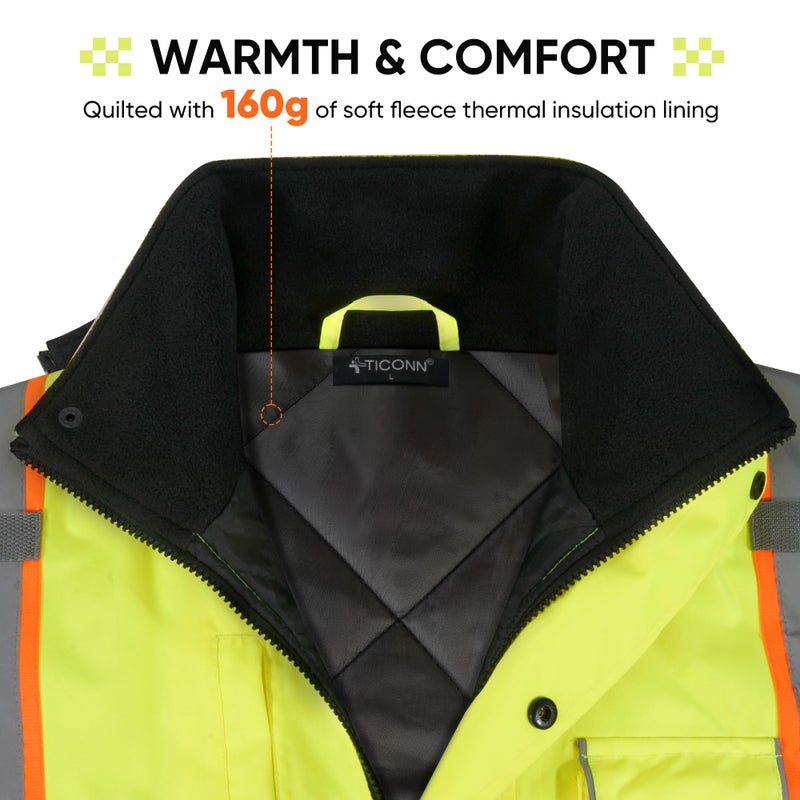 TICONN Waterproof Safety Bomber Jacket, Winter Rain Jacket Hi Vis Reflective, ANSI Class 3 Work Rain Coat (Yellow&Black, S) - Image 4