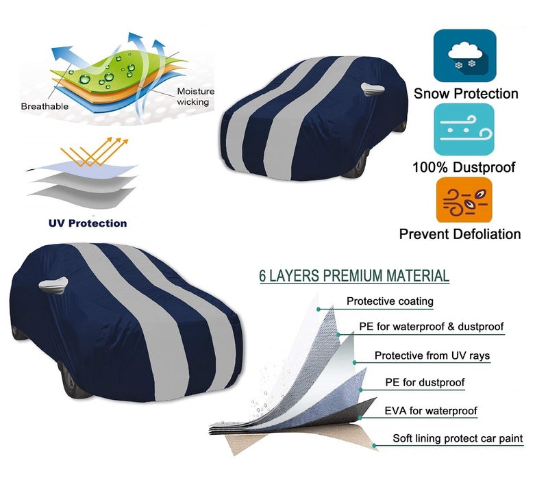 Auto Hub Car Cover Compatible with Maruti Swift (Model : 2005-2017) with Mirror Pocket, Water Resistant, Triple Stitched, Swift Car Cover- Navy-Silver - Image 3