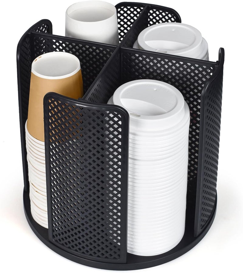 EOFJRUC Cup and Lid Organizer, 360° Rotatable Coffee Cup Holder for Disposable Plastic and Paper Cups of 5 to 16 oz, 4 Compartments Detachable Countertop Cup Dispenser Coffee Station, Black - Image 1