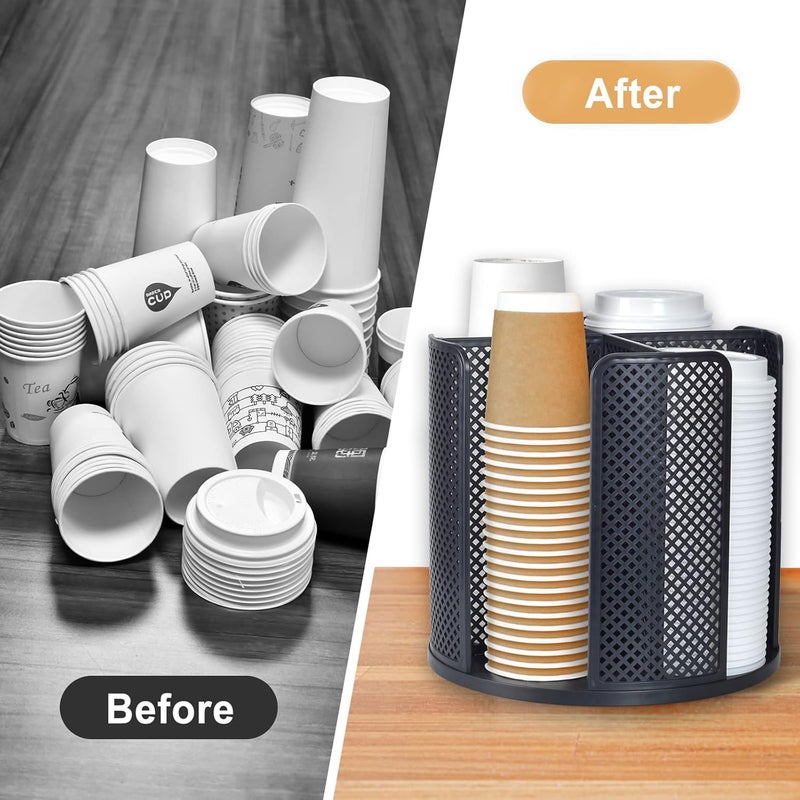 EOFJRUC Cup and Lid Organizer, 360° Rotatable Coffee Cup Holder for Disposable Plastic and Paper Cups of 5 to 16 oz, 4 Compartments Detachable Countertop Cup Dispenser Coffee Station, Black - Image 4