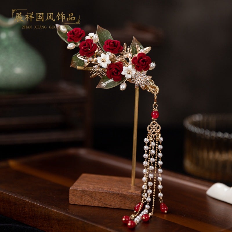 Generic Bride Toast Dress Headdress New Style Red Simple Atmospheric Green Leaf Rose Wedding Dress Wedding Hair Accessories Set for WomenRose green leaf Series (Single side clip) Rose green leaf Series (Single side clip)
