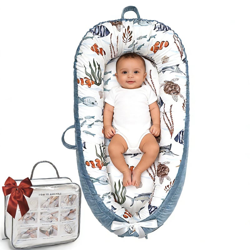 Bubbyhuts Infant Support Cushion - Breathable and Soft Organic 100% Cotton, Portable Tummy Time Mat with Removable Cover, Newborn Baby Essentials Gifts for 0-24 Months - Sea World - Image 1
