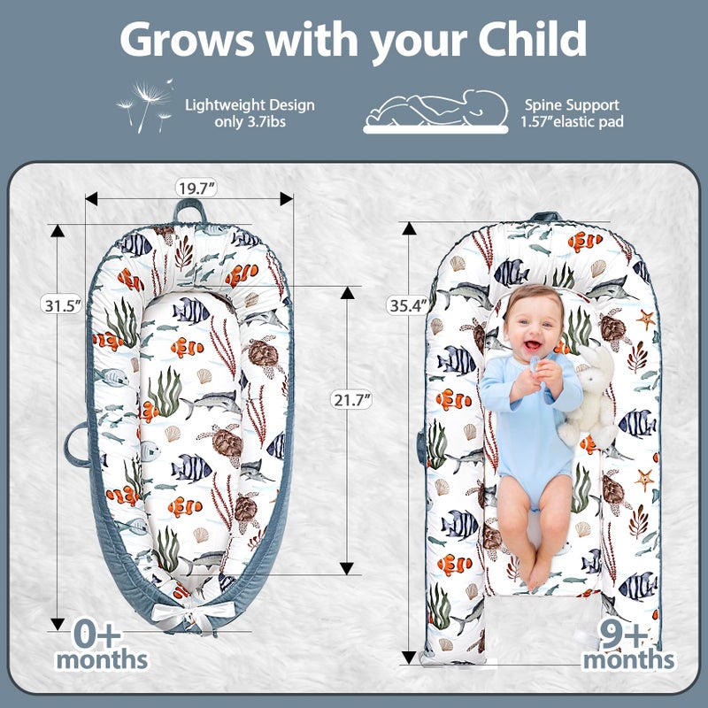 Bubbyhuts Infant Support Cushion - Breathable and Soft Organic 100% Cotton, Portable Tummy Time Mat with Removable Cover, Newborn Baby Essentials Gifts for 0-24 Months - Sea World - Image 2