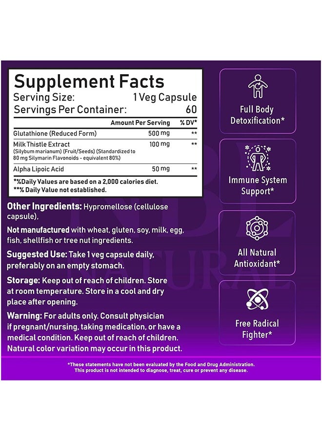 NBL Natural - Glutathione 500mg - 60 Capsules, Reduced Form GSH Supplement - Enhanced with Milk Thistle Extract and Alpha Lipoic Acid - Image 1