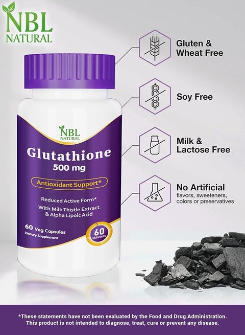 NBL Natural Glutathione 500mg - 60 Capsules, Reduced Form GSH Supplement -  Enhanced with Milk Thistle Extract and Alpha Lipoic Acid | Best Price UAE