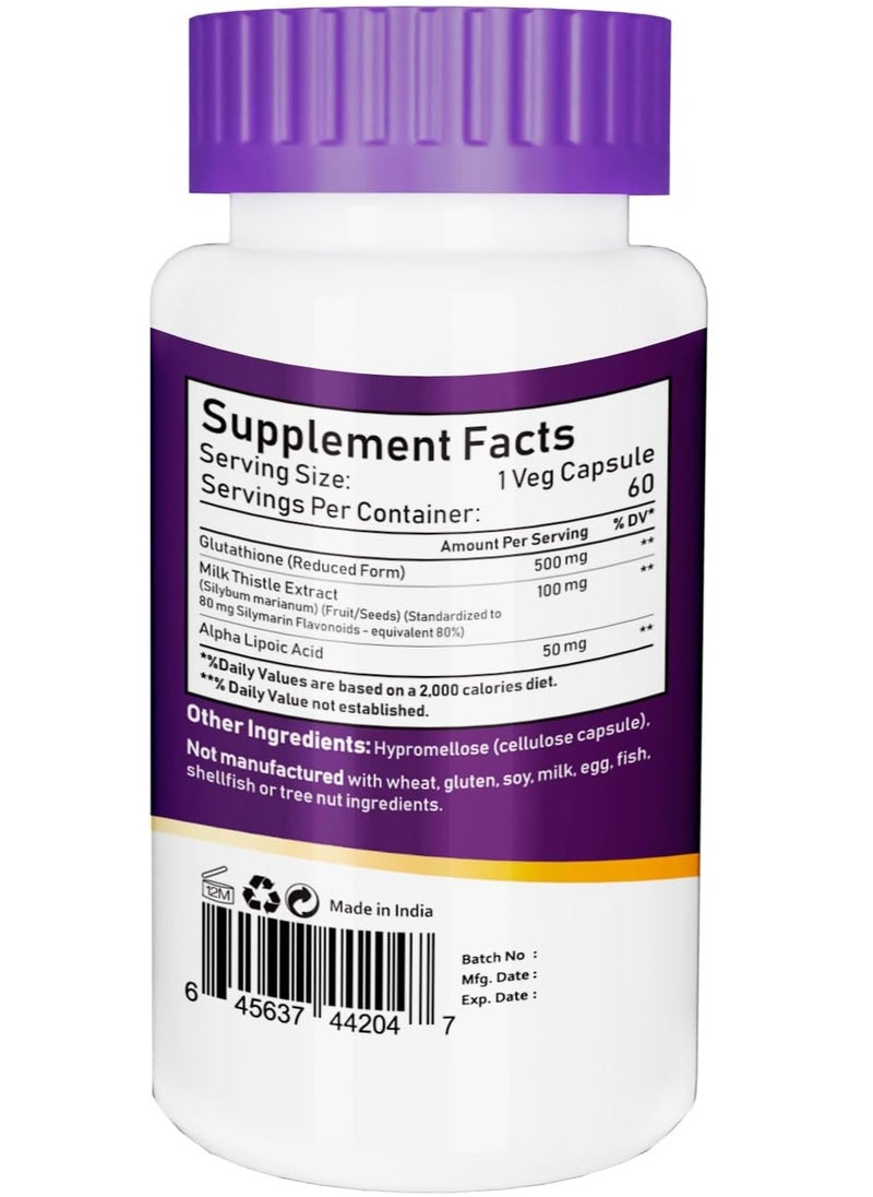 NBL Natural - Glutathione 500mg - 60 Capsules, Reduced Form GSH Supplement - Enhanced with Milk Thistle Extract and Alpha Lipoic Acid - Image 1