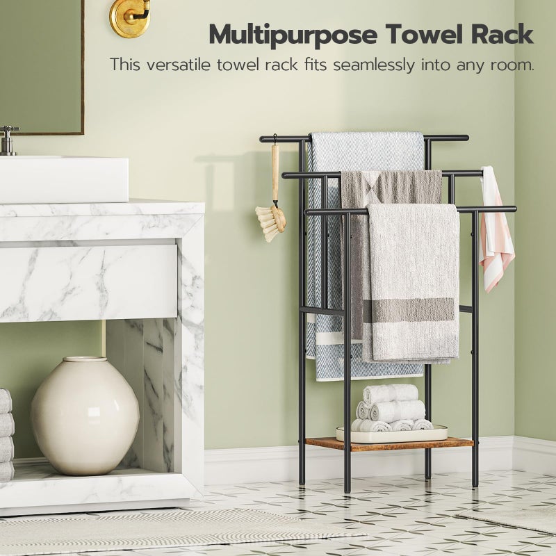 HOOBRO 39.4" Tall Freestanding Towel Rack for Bathroom, 3 Tier Stepped Blanket Rack with Shelf, Oversized Bath Towels Drying and Display Rack, Black and Rustic Brown BF50LB01 - Image 3