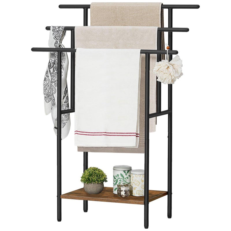 HOOBRO 39.4" Tall Freestanding Towel Rack for Bathroom, 3 Tier Stepped Blanket Rack with Shelf, Oversized Bath Towels Drying and Display Rack, Black and Rustic Brown BF50LB01 - Image 1