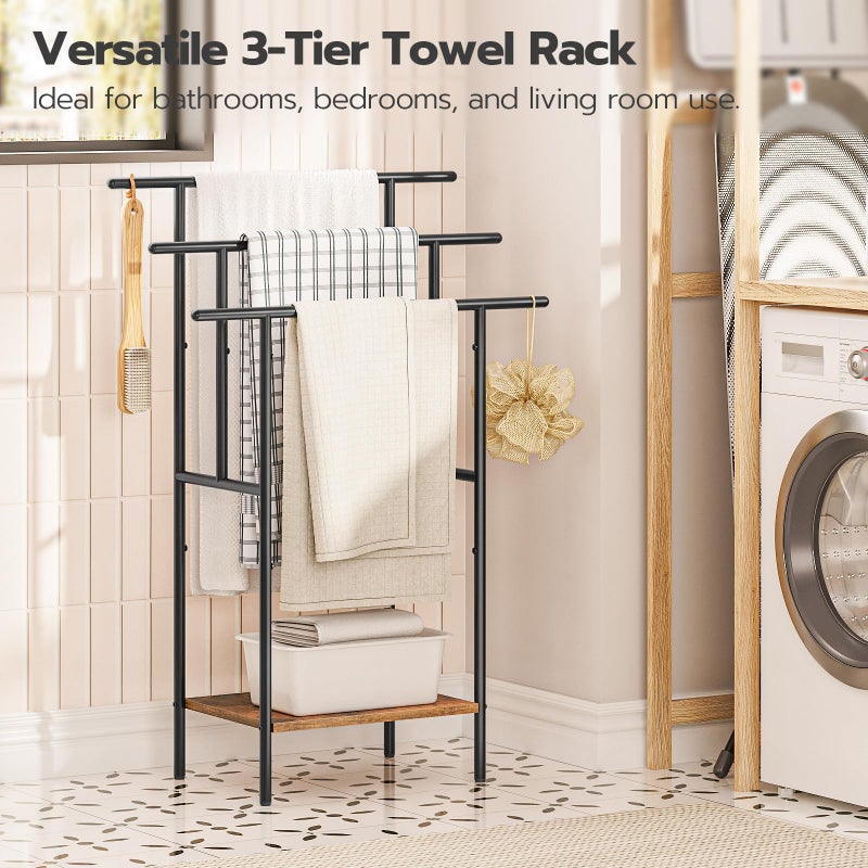 HOOBRO 39.4" Tall Freestanding Towel Rack for Bathroom, 3 Tier Stepped Blanket Rack with Shelf, Oversized Bath Towels Drying and Display Rack, Black and Rustic Brown BF50LB01 - Image 5