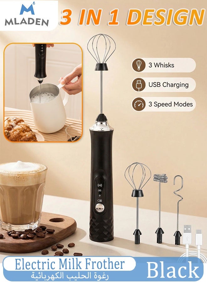 MLADEN Electric Milk Frother Handheld with 3 Whisks, Rechargeable Electric Foam Maker, 304 Stainless Steel Maker Whisk, Drink Mixer 3 Speed Adjustable Foam Maker Compact Design Portable for Coffee Lattes Cappuccinos and Baking (Black) - Image 1