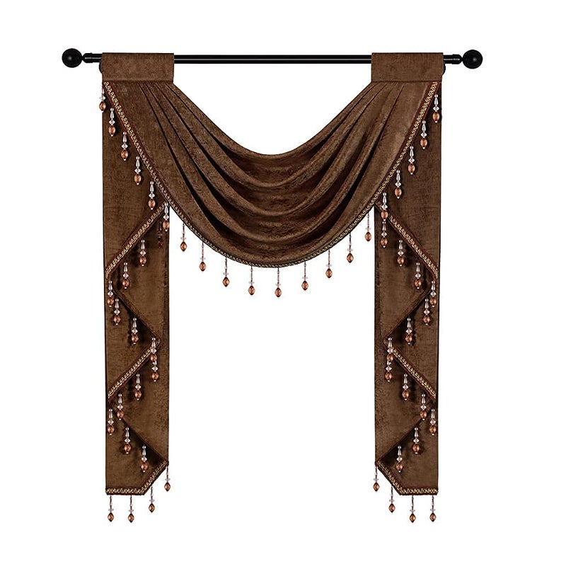 ELKCA Chocolate Single Hollow Swag Valance for Kitchen Chenille Waterfall Curtain Valance for Living Room Rod Pocket 1 Panel - Image 1