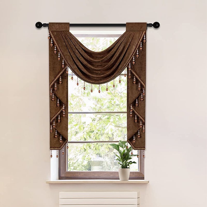 ELKCA Chocolate Single Hollow Swag Valance for Kitchen Chenille Waterfall Curtain Valance for Living Room Rod Pocket 1 Panel - Image 2