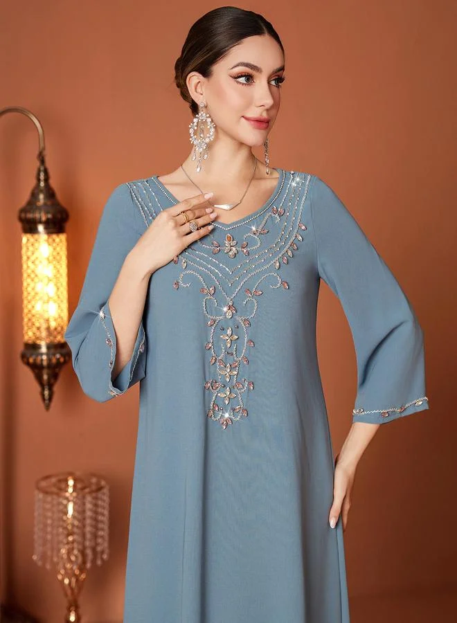 تايك تو Take Two Embellished Long Sleeve Round Neck A-Line Jalabiya