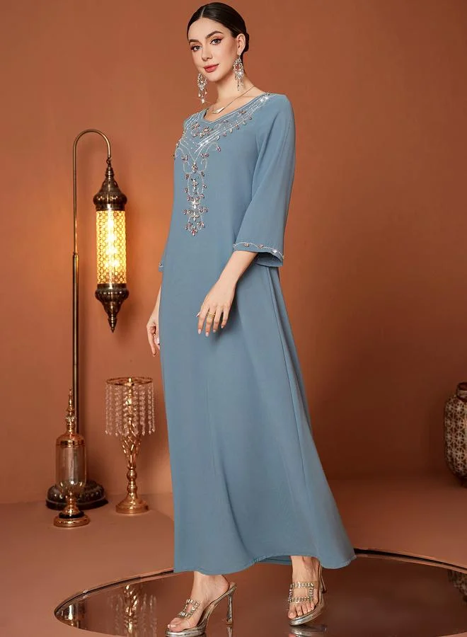 تايك تو Take Two Embellished Long Sleeve Round Neck A-Line Jalabiya