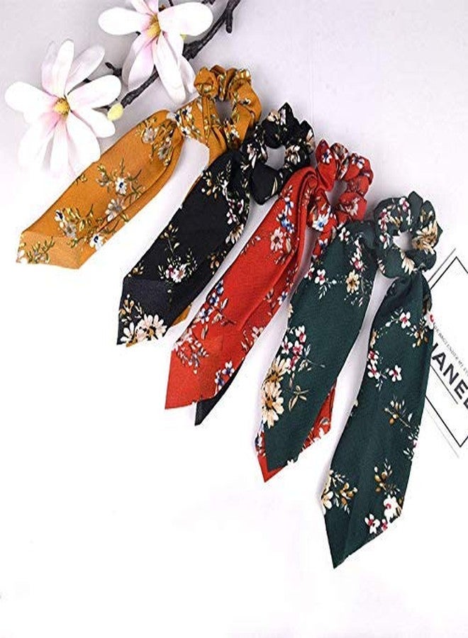 Minta Women's Hair Scrunchies Silk Satin Scarf Hair Ties Elastic Hair Fabric Bands Ponytail Holder Flower Printed Hair Bobbles Vintage Accessories | 4Pcs, Multicolour - Image 1