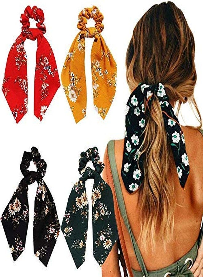 Minta Women's Hair Scrunchies Silk Satin Scarf Hair Ties Elastic Hair Fabric Bands Ponytail Holder Flower Printed Hair Bobbles Vintage Accessories | 4Pcs, Multicolour - Image 2