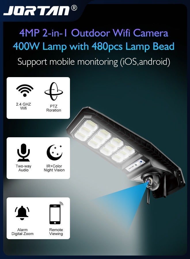 جورتان 4MP 2 في 1 كاميرا واي فاي في الهواء الطلق 400W مصباح مع 480pcs مصباح الخرز و 400m² منطقة الإضاءة والمراقبة الذكية مع PIR كشف الحركة و 2 طريقة الصوت واللون للرؤية الليلية والحماية من الصواعق - Image 1