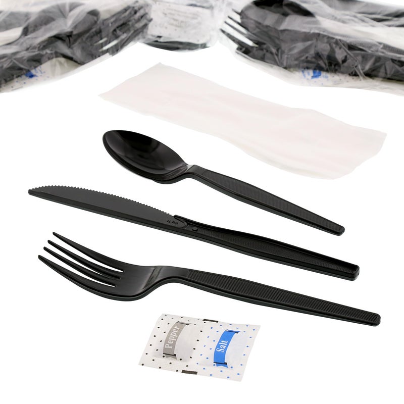 AmerCareRoyal 6in1 Disposable Silverware Medium Heavy Weight Plastic Utensil Set with Teaspoon Fork Knife Salt  Pepper 12x13 Napkin  Individually Wrapped Cutlery Meal Kit Black Case of 250
