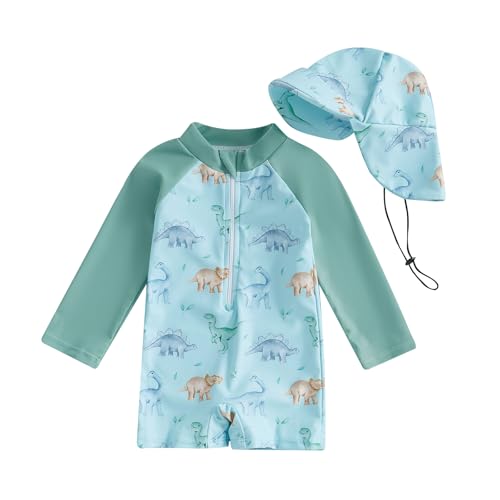 ZyHwShine Toddler Infant Baby Boy Swimsuit Newborn Rash Guard Baby Boys Girls One Piece Zipper Bathing Suit Swimwear with Hat (a-Green, 3-6 Months) - Image 1