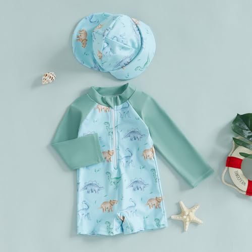 ZyHwShine Toddler Infant Baby Boy Swimsuit Newborn Rash Guard Baby Boys Girls One Piece Zipper Bathing Suit Swimwear with Hat (a-Green, 3-6 Months) - Image 3