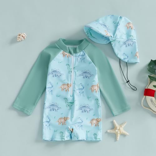 ZyHwShine Toddler Infant Baby Boy Swimsuit Newborn Rash Guard Baby Boys Girls One Piece Zipper Bathing Suit Swimwear with Hat (a-Green, 3-6 Months) - Image 2