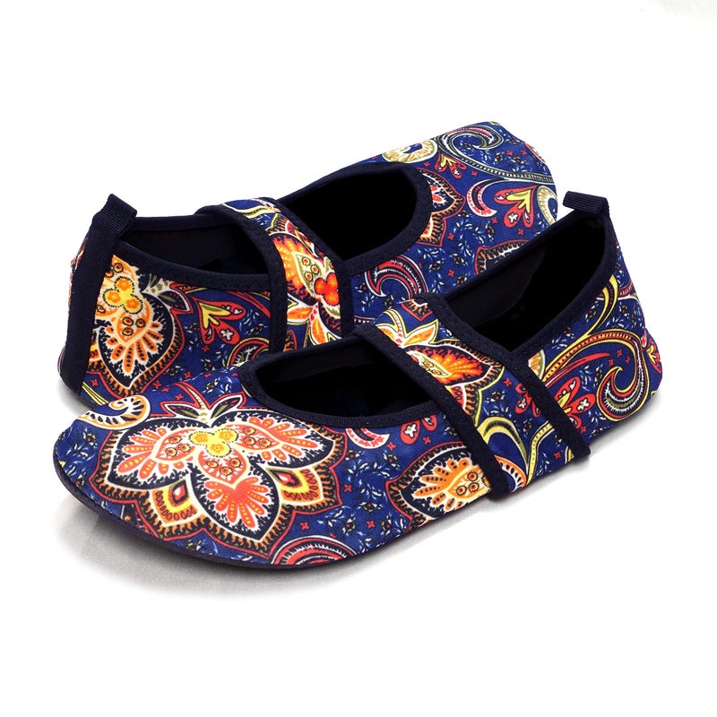 Nufoot Futsole Women's Soft-Sided Shoes for Indoors/Outdoors, Foldable & Flexible Footwear for Sport, Exercise, Yoga or Travel, Dance Shoes, Navy Blue Bohemian, Medium - Image 1