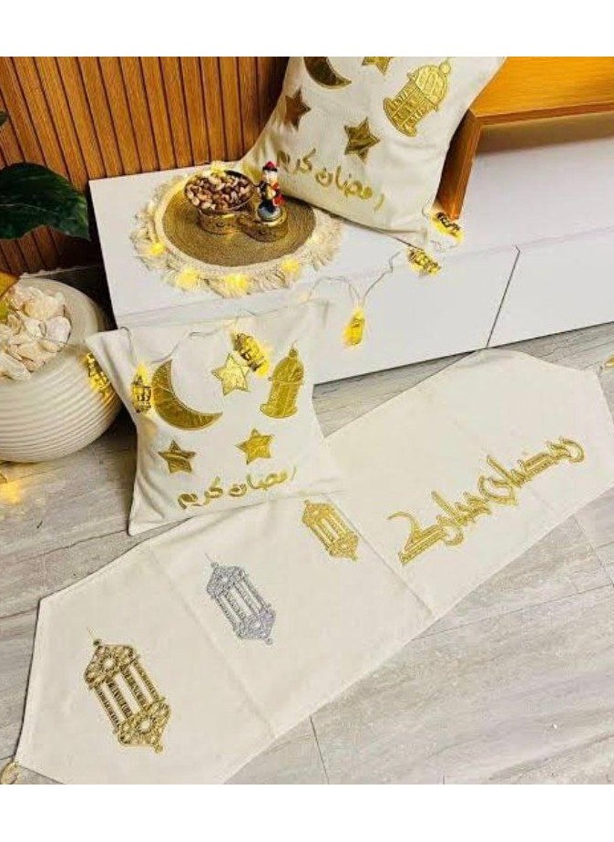 Ramadan set of 2 cushions, size 45*45, and a runner, size 150*45. - pzsku/Z7712C1EA17E062165B5BZ/45/_/1738588257/a1ea1a37-cdca-4951-ad88-dbdbf711cb28