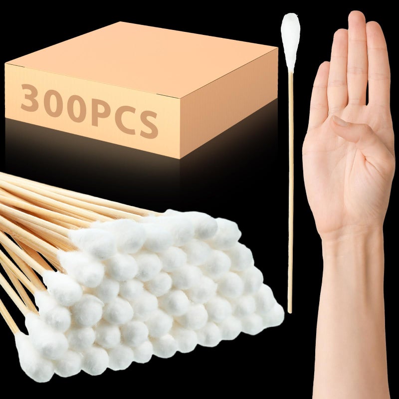 Zhehao 300 Pcs 8 Inch Large Cotton Swabs with Bamboo Handle Oversized Extra Long Cotton Tipped Applicators with Large 12 Diameter Ear Swabs for Wound Cleaning Makeup