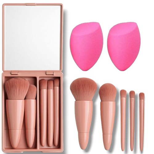 LA VENUST Travel Makeup Brush Set 5 Pieces with Mirror & 2 Pink Makeup sponges - Mini Portable Cosmetic Brushes Kit for Face Eye Foundation , For Eyeshadow And Easy Blending - Compact Beauty Tools ( pack of 7 ) - Image 1