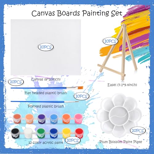 Hdviai 10 Set Canvas Painting Kit 8 x 10In Canvas Boards with Easels 12 Color Acrylic Paints Brushes Palettes Art Supplies for Beginners Paint and Sip Kit for Adults Couples Painting Kit Date Night - Image 3