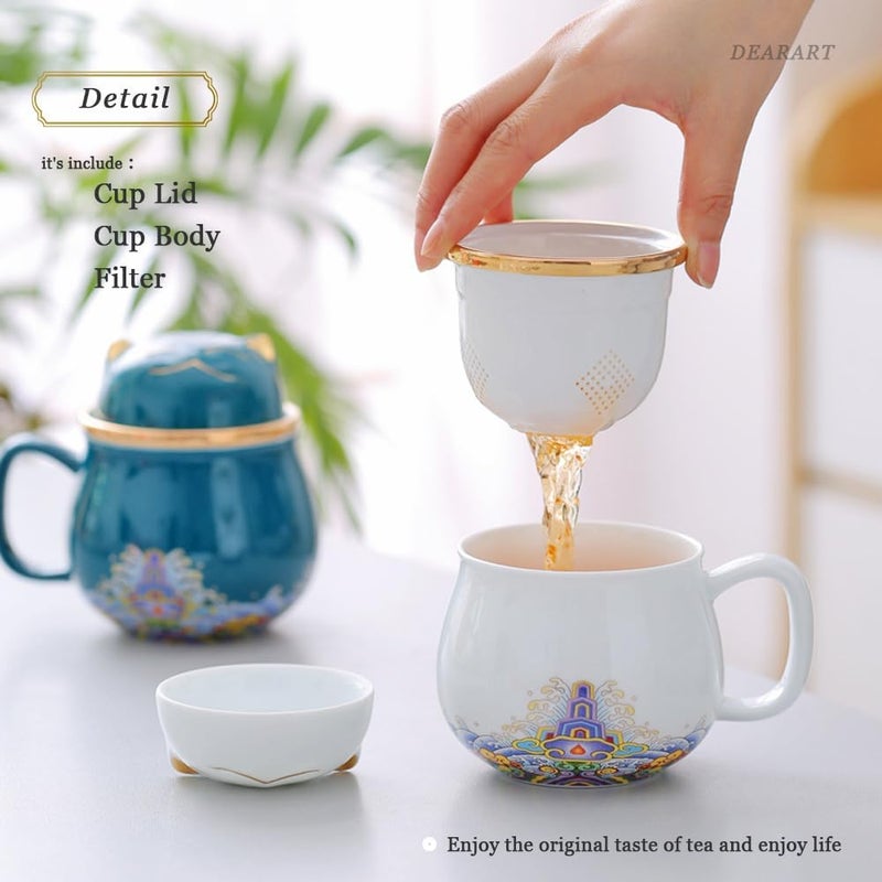 DEARART Beautiful Tea Cup Portable Set 108oz Ceramic Mug and 2Cups Wide Mouth Easy to Clean Keep Tea Hot Steeping Loose Leaf Tea Bag Cute Cat White - Image 2