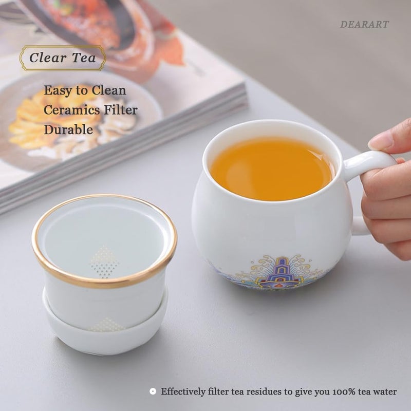 DEARART Beautiful Tea Cup Portable Set 108oz Ceramic Mug and 2Cups Wide Mouth Easy to Clean Keep Tea Hot Steeping Loose Leaf Tea Bag Cute Cat White - Image 3