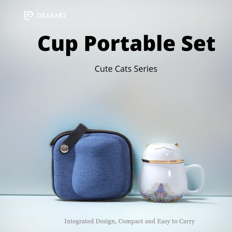 DEARART Beautiful Tea Cup Portable Set 108oz Ceramic Mug and 2Cups Wide Mouth Easy to Clean Keep Tea Hot Steeping Loose Leaf Tea Bag Cute Cat White - Image 5